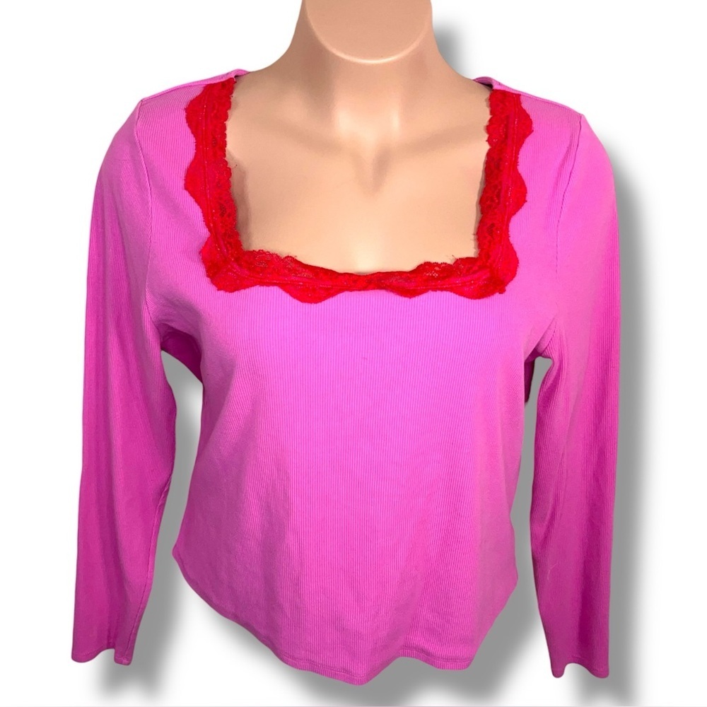 Forever 21 Pink Ribbed Top With Red Lace Trim Plus 2x Actual Fitted Stretch